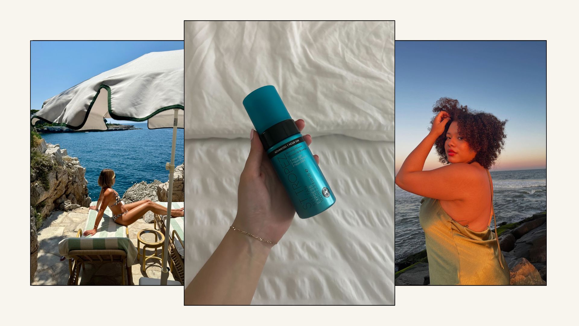 A collage showing two women sunbathing at the beach and one woman holding a bottle of an express fake tan