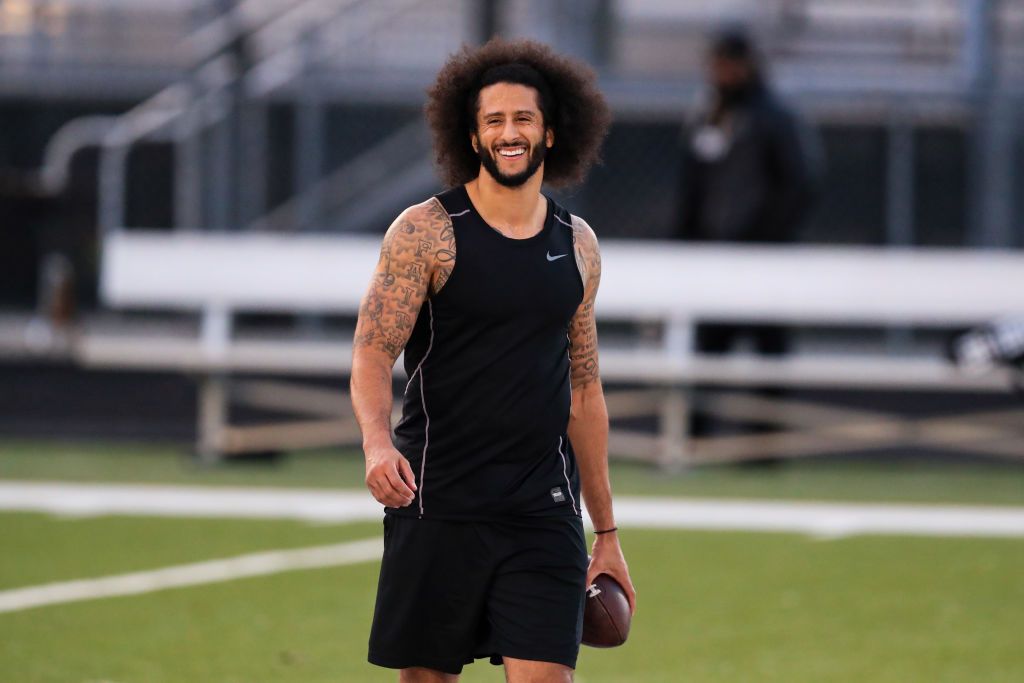 Colin Kaepernick looks on during the Colin Kaepernick NFL workout held at Charles R. Drew High School on November 16, 2019 in Riverdale, Georgia. 