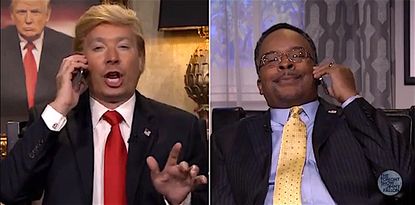 "Donald Trump" and "Ben Carson" talk on the phone, on The Tonight Show