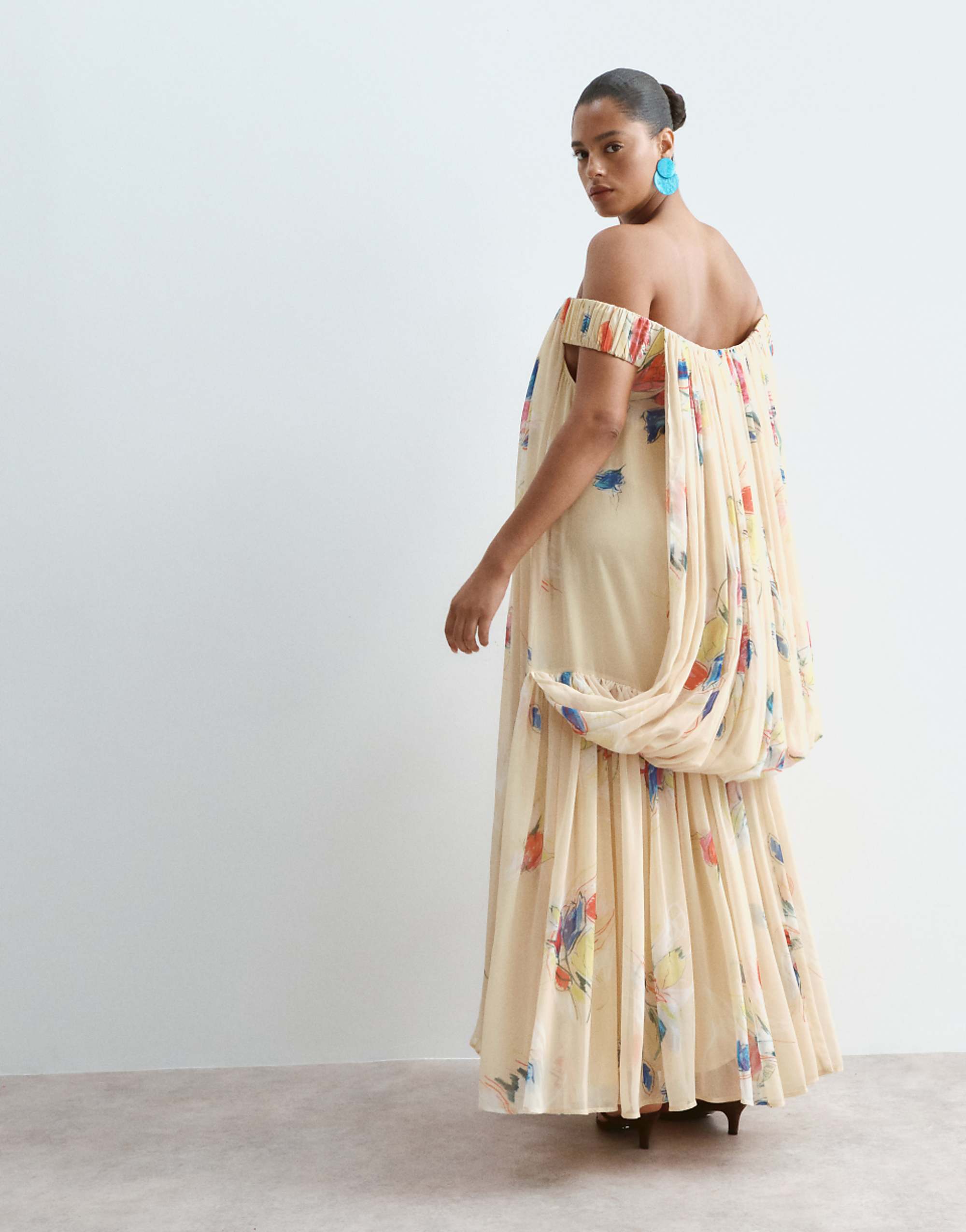 Arrange Curve Trapeze Bardot Maxi Dress With Cape Back in Yellow Floral Print