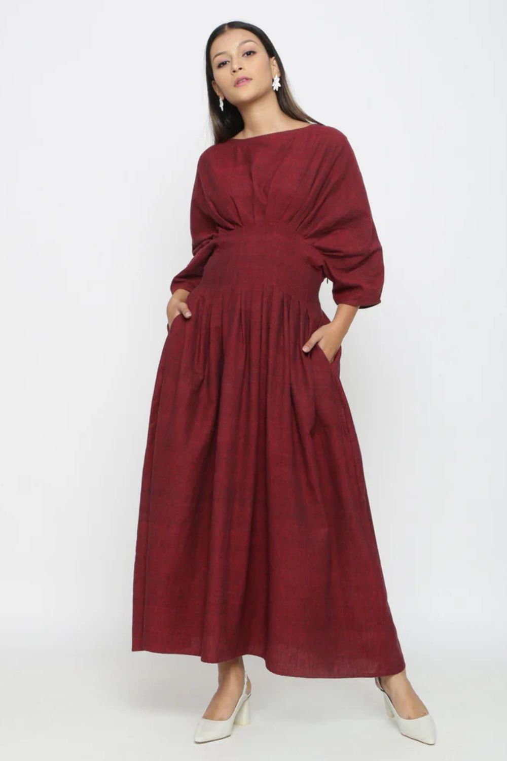 Seams Friendly Maroon Handspun Cotton Ankle Length Pleated Flared Dress