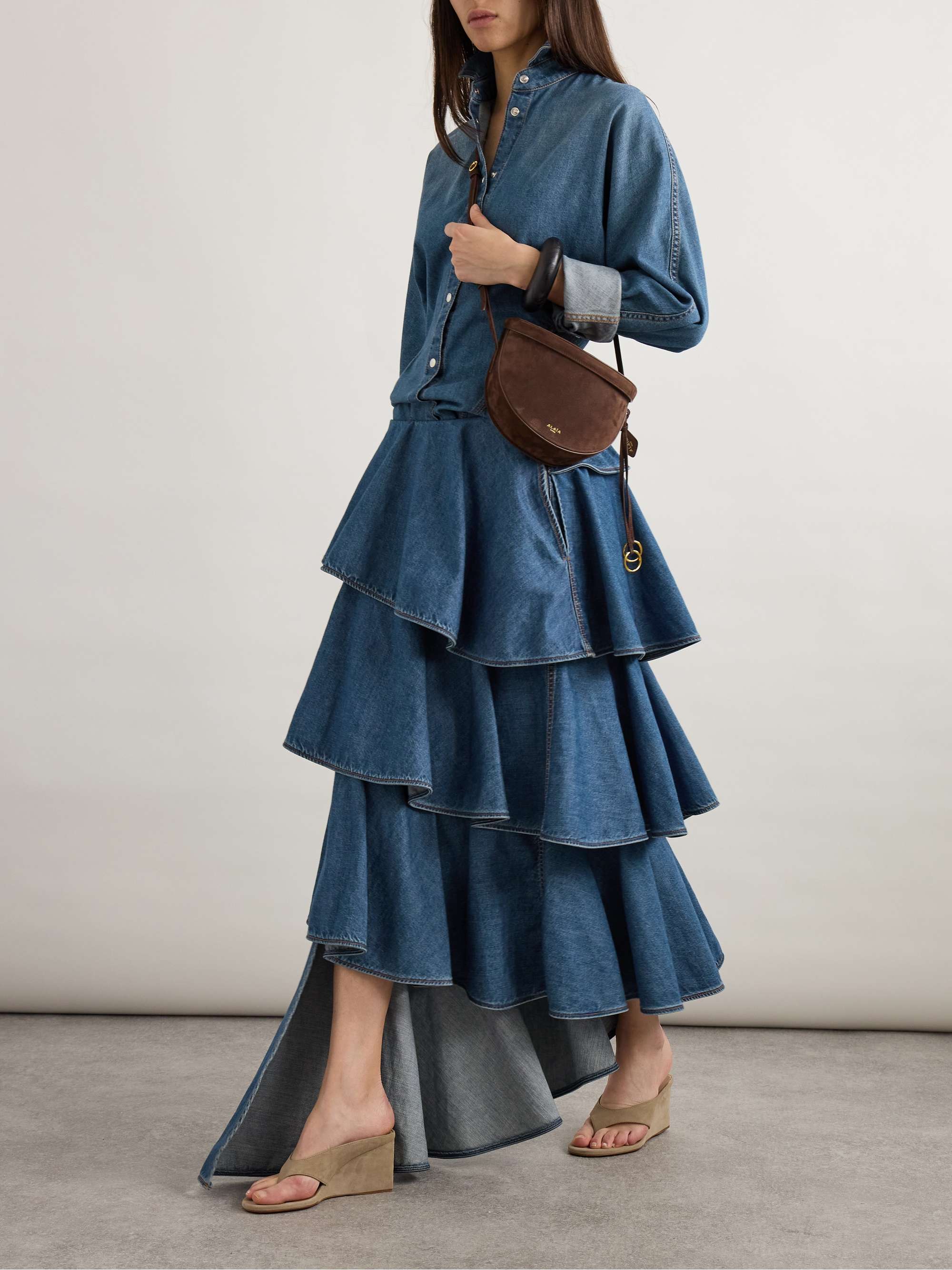 Asymmetric Ruffled Tiered Denim Skirt