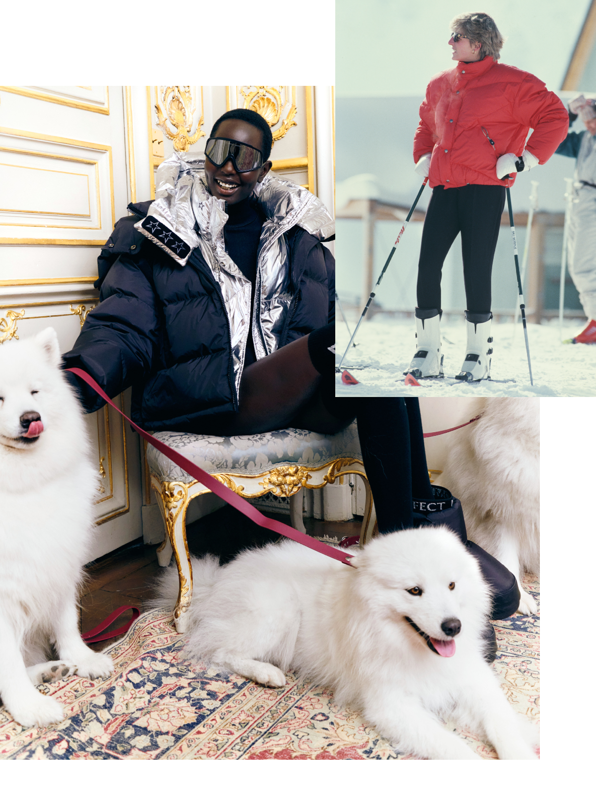 a model wearing a black turtleneck, silver puffer vest, and black puffer vest by H&amp;amp;M and Perfect Moment with white samoyed dogs/Diana, Princess of Wales (1961 - 1997) on a skiing holiday in Lech, Austria, March 1993. (