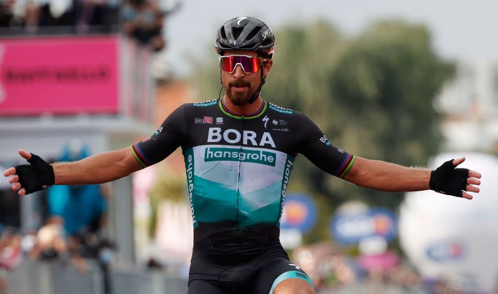 Team Bora rider Slovakias Peter Sagan celebrates as he crosses the finish line in the 10th stage of the Giro dItalia 2020 cycling race a 177kilometer route between Lanciano and Tortoreto on October 13 2020 Photo by Luca Bettini AFP Photo by LUCA BETTINIAFP via Getty Images