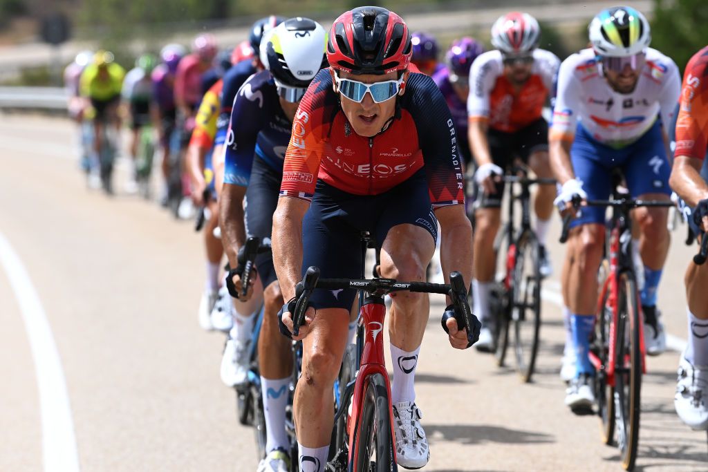 LA LAGUNA NEGRAVINUESA SPAIN SEPTEMBER 06 Geraint Thomas of The United Kingdom and Team INEOS Grenadiers competes in the breakaway during the 78th Tour of Spain 2023 Stage 11 a 1632km stage from Lerma to La Laguna Negra Vinuesa 1730m UCIWT on September 06 2023 in La Laguna NegraVinuesa Spain Photo by Tim de WaeleGetty Images
