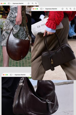 a collage of runway images depicting the bag color trend spring 2025 espresso martini or dark brown in the collections of Tory Burch, Stella McCartney, and Bally