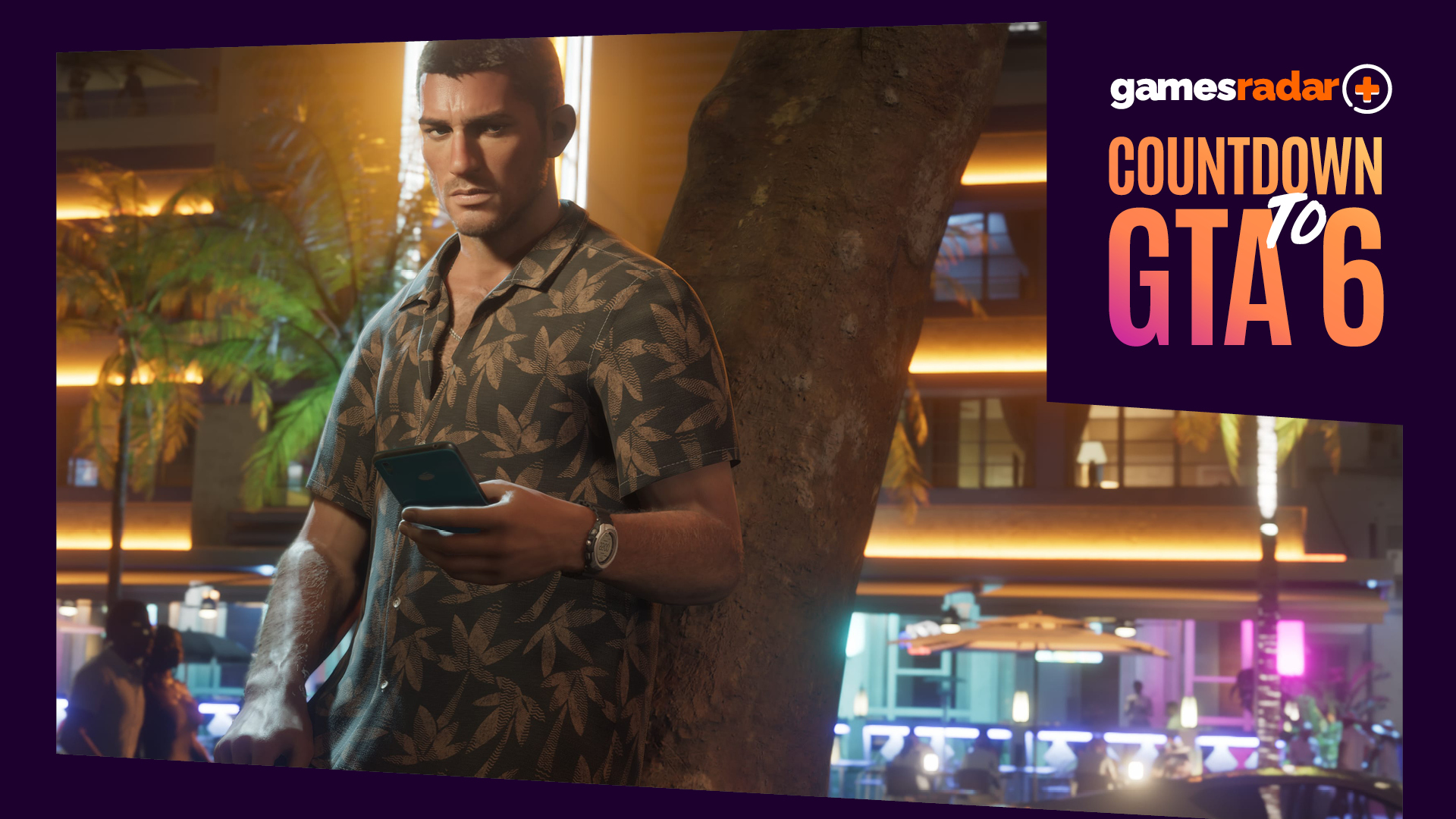 Countdown to GTA 6 frame with Jason holding a phone