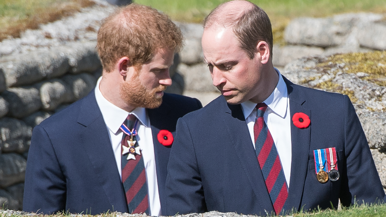 Prince William, Duke of Cambridge and Prince Harry walk through a trench during the commemorations for the 100th anniversary of the battle of Vimy Ridge on April 9, 2017 in Lille, France.