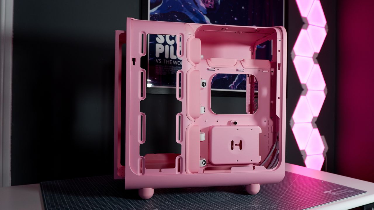 The Hyte X50 PC case on a desk ready to be built into for testing and review.