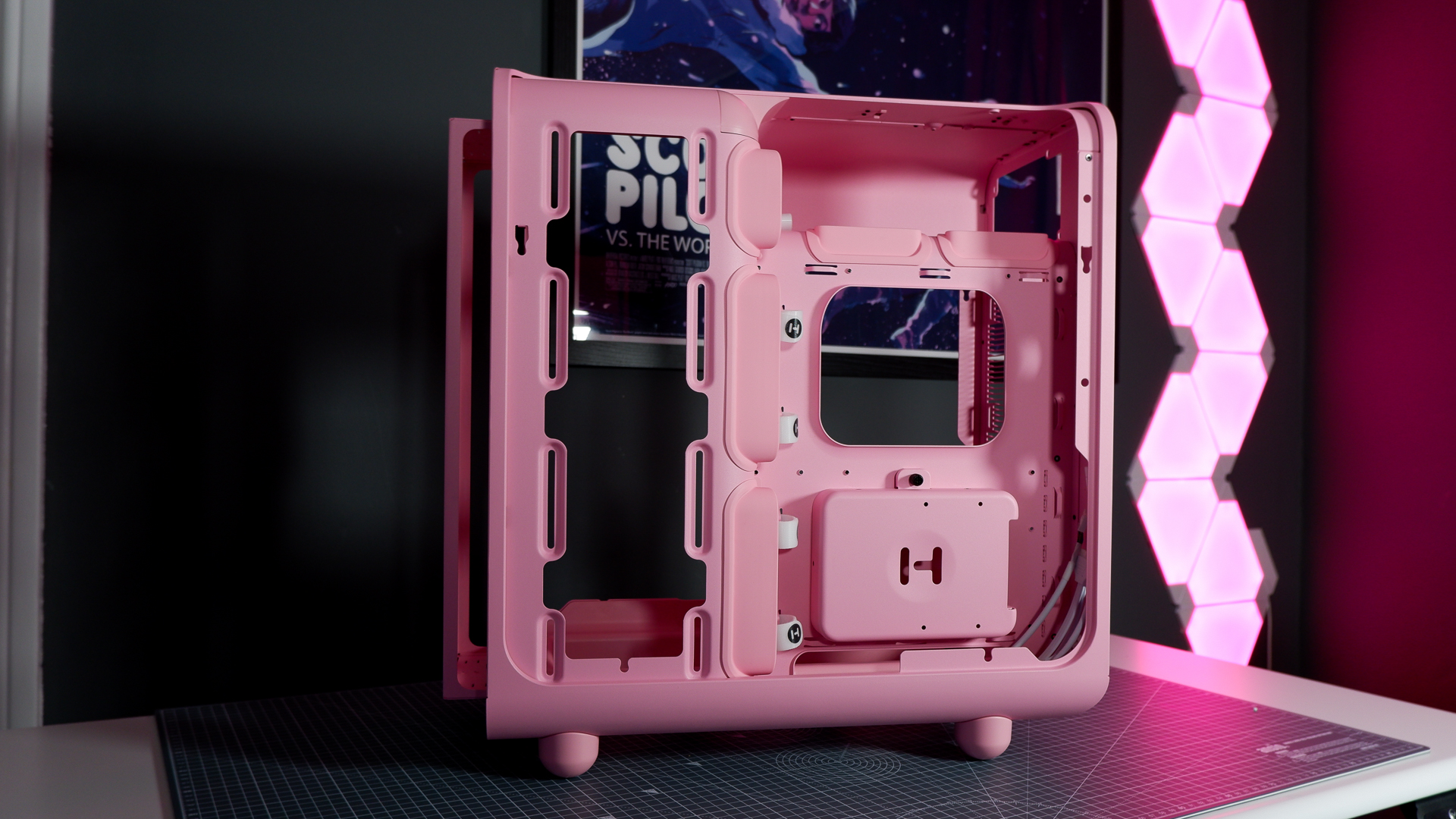 The Hyte X50 PC case on a desk ready to be built into for testing and review.