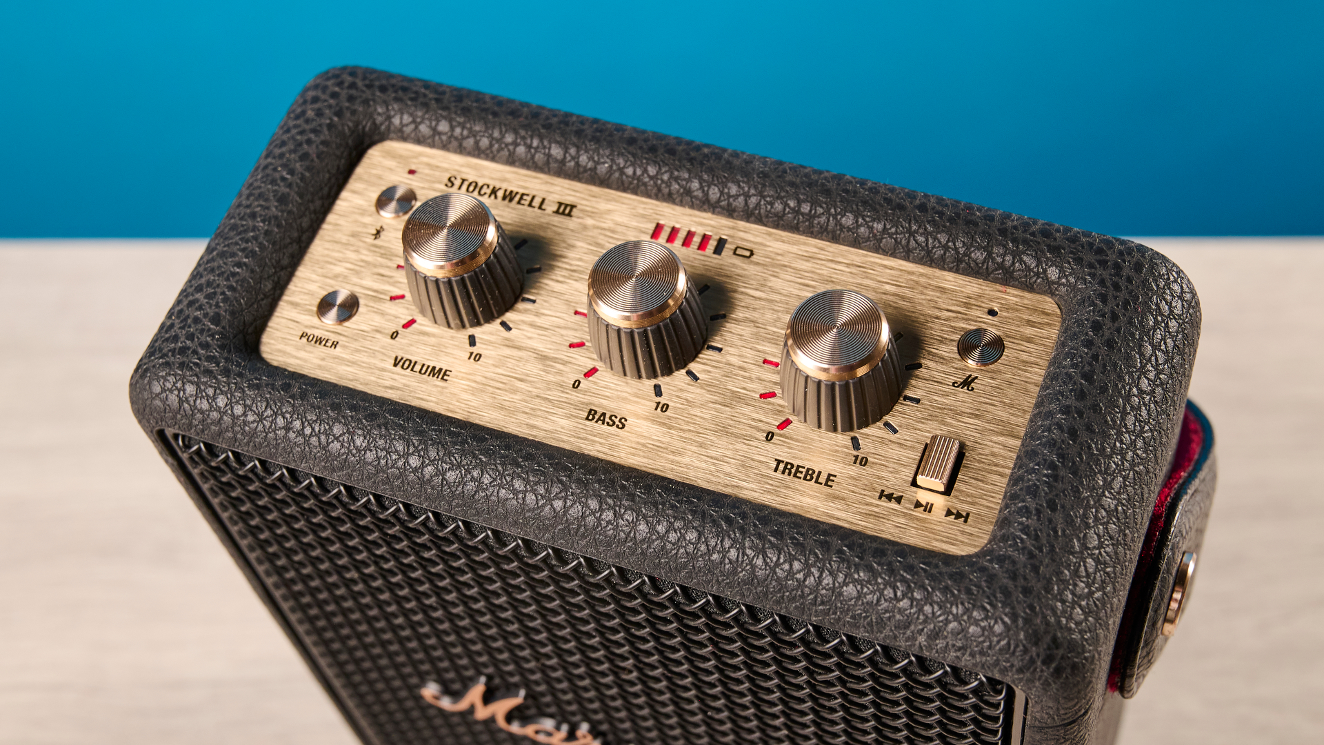 Marshall Stockwell III portable Bluetooth speaker in black and brass