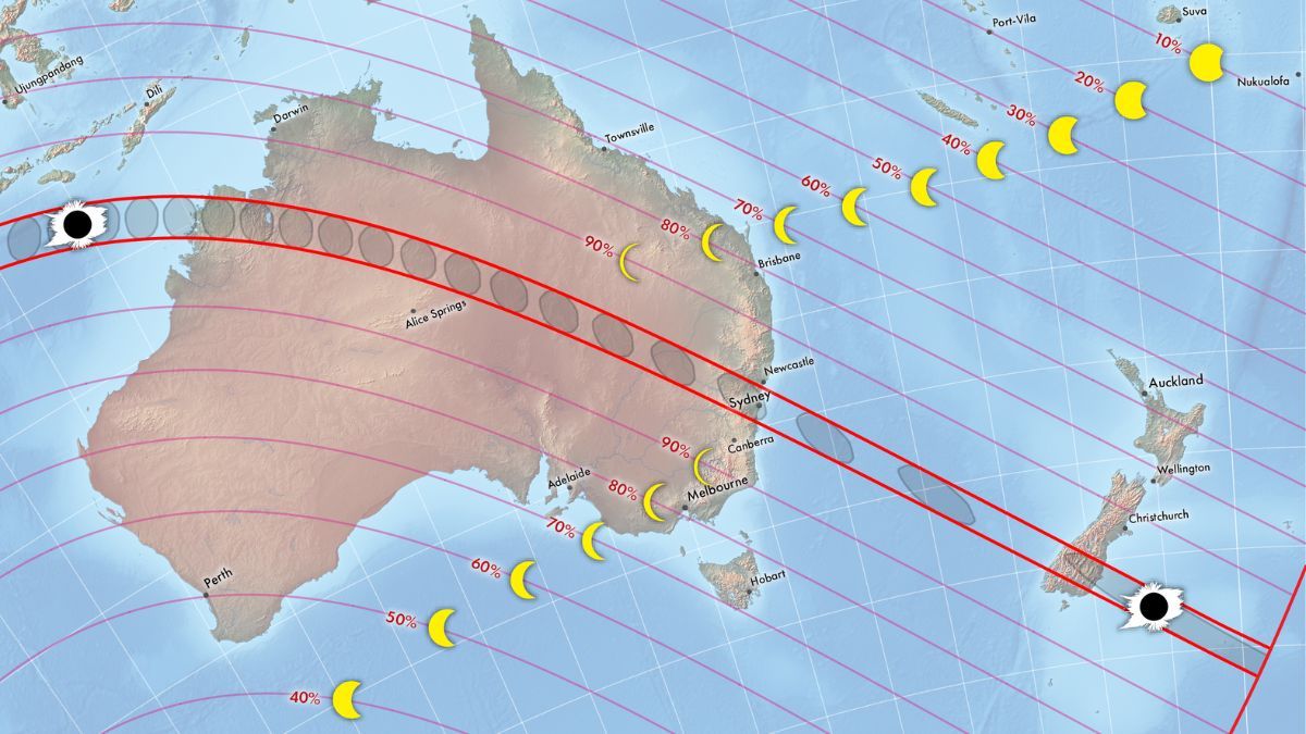Un mapa de Australia con líneas que muestran la trayectoria del eclipse solar total en 2028.
