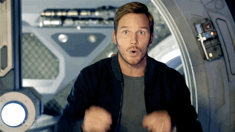 Chris Pratt's mind is blown as Starlord in Guardians of the Galaxy.