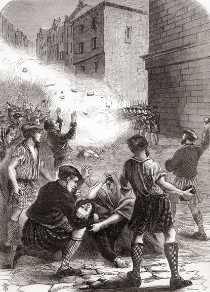 Soldiers firing on rioters during the Malt Tax riots of 1725