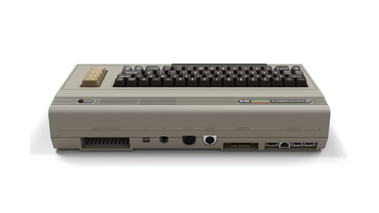Back of Commodore 64 Ultimate with white backdrop.
