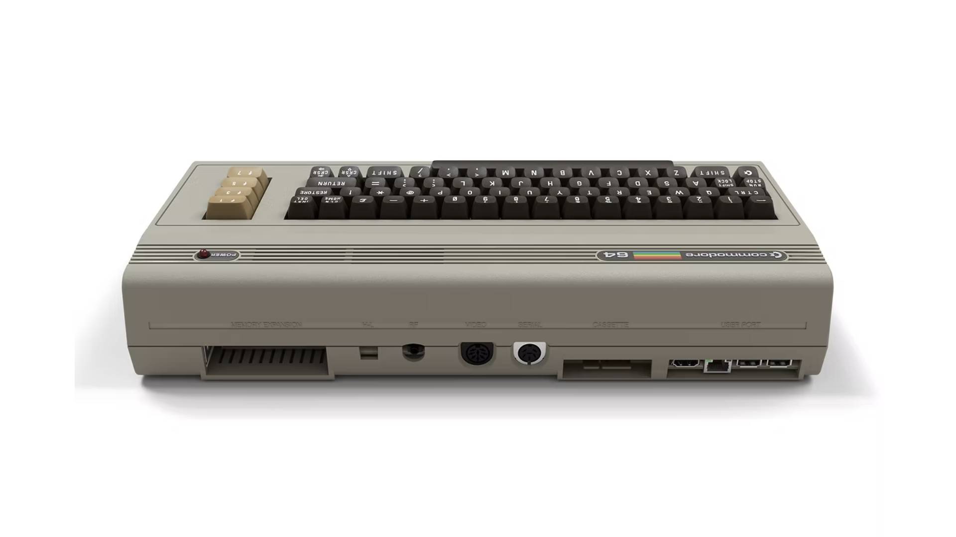 Back of Commodore 64 Ultimate with white backdrop.