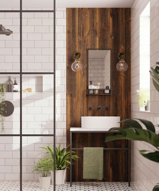 Industrial style bathroom with reclaimed cladding