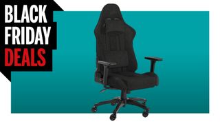 Black Corsair gaming chair on blue background with Black Friday logo