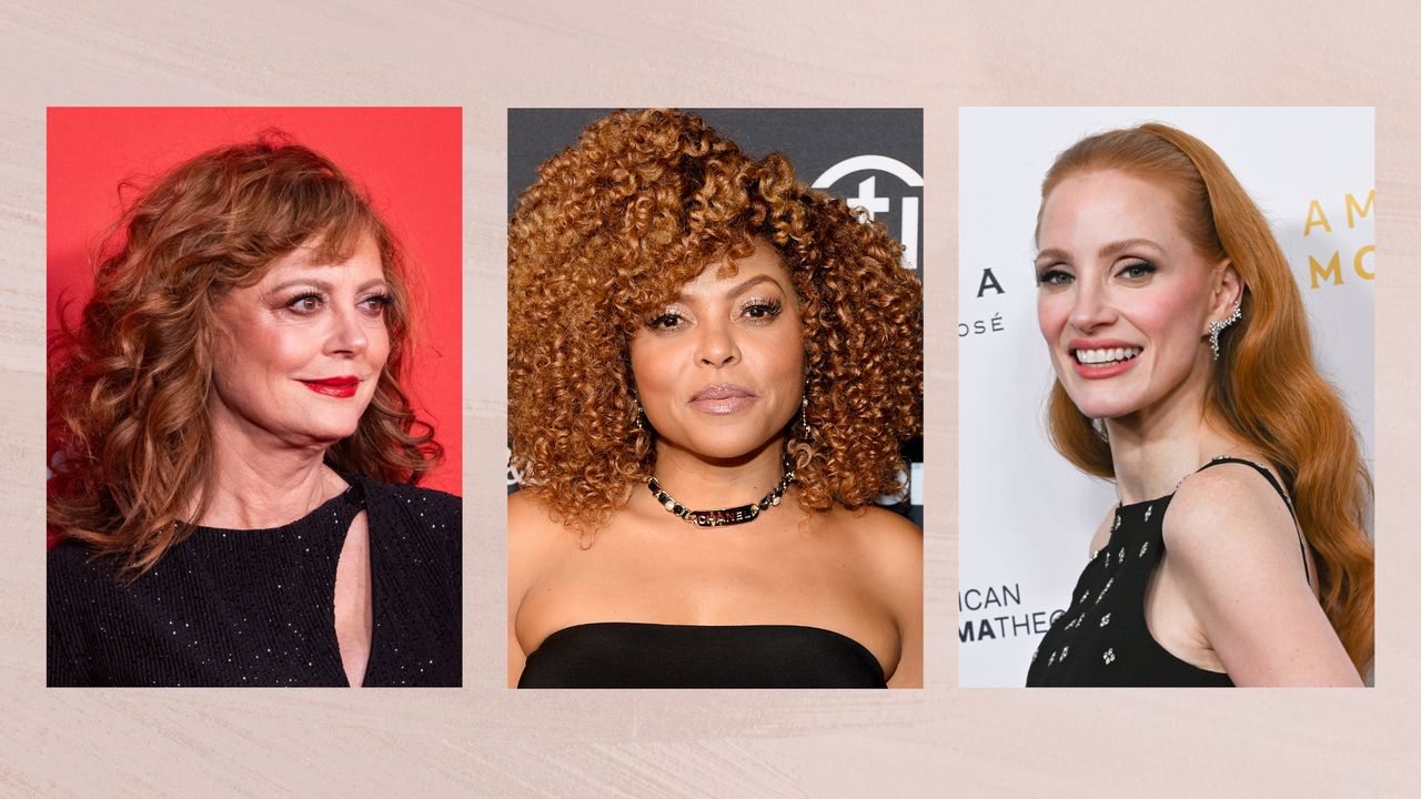 Collage of three vertical images of Susan Sarandon (left), Taraji P. Henson (centre) and Jessica Chastain (right), set against a dusky pink watercolour-style background