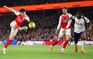 Declan Rice of Arsenal shoots during the Premier League match between Arsenal and Tottenham Hotspur at Emirates Stadium on November 23, 2025 in London, England. 