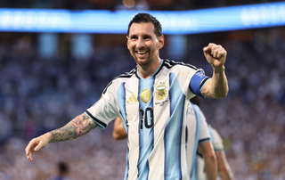  Lionel Messi #10 of Argentina celebrates after the team's second goal by Lisandro Martinez #6 during the FIFA World Cup 2026 Round of 32 match between Argentina and Cabo Verde 