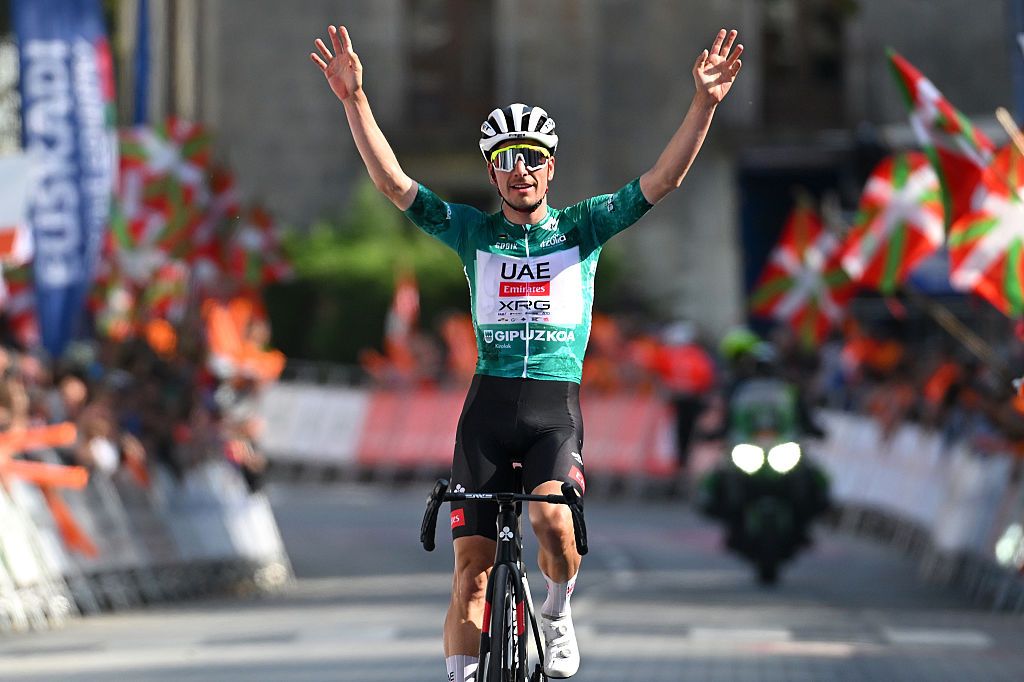 MARKINAXEMEIN SPAIN APRIL 10 Joao Almeida of Portugal and UAE Team Emirates XRG Green Points Jersey celebrates at finish line as stage winner during the 64th Itzulia Basque Country 2025 Stage 4 a 1696km stage from Beasain to Markina Xemein UCIWT on April 10 2025 in MarkinaXemein Spain Photo by Tim de WaeleGetty Images