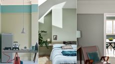 light gray-green paint used in three different rooms: workspace, bedroom, living room