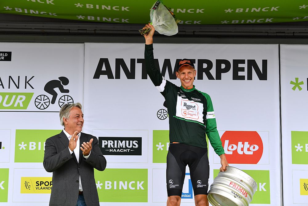 Taco van der Hoorn (Roompot-Nederlandse Loterij) on the podium after winning stage 3 at the BinckBank Tour