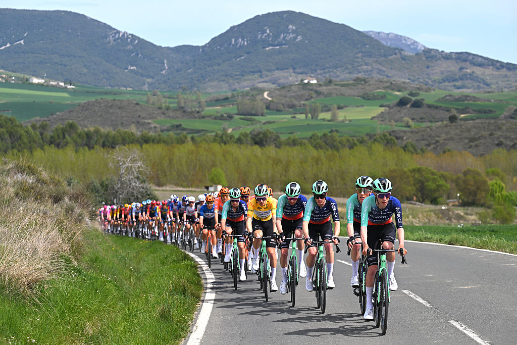 CUEVAS DE MENDUKILO, SPAIN - APRIL 07: Leo Bisiaux of France and Team Decathlon CMA CGM with teammates lead the peloton during the 65th Itzulia Basque Country 2026, Stage 2 a 164.1km stage from Pamplona-Iruna to Cuevas de Mendukilo 757m / #UCIWT / on April 07, 2026 in Cuevas de Mendukilo, Spain. (Photo by Tim de Waele/Getty Images)
