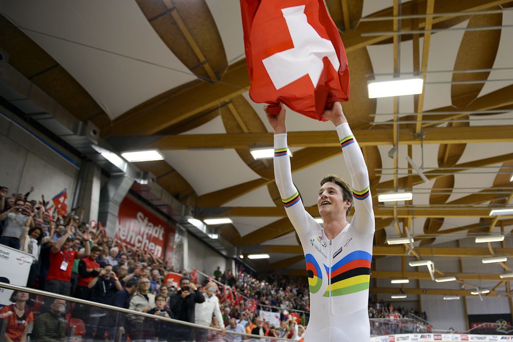 Gold medalist Stefan Kueng of Switzerland celebrates after winning the Men's Individual Pursuit at the Track Elite European Championships