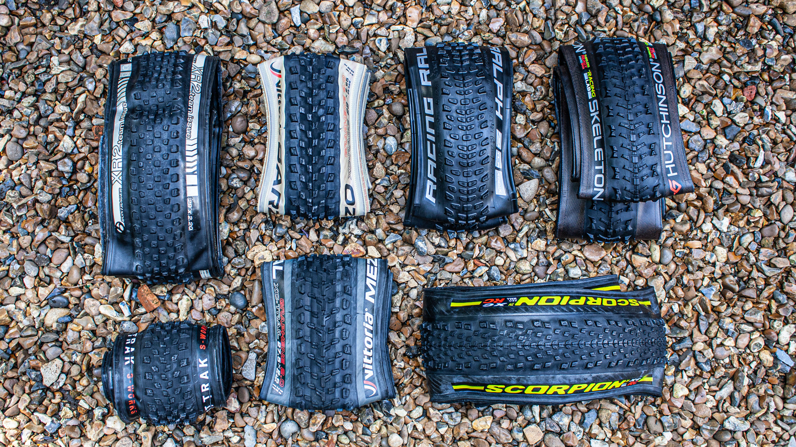 A selection of the best xc tyres on a gravel surface