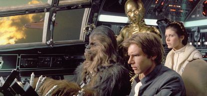 A scene from the cockpit of the Millennium Falcon. Actors Harrison Ford, Carrie Fisher, Peter Mayhew and Anthony Daniels in Star Wars: Episode V - The Empire Strikes Back directed by Irvin Kershner.