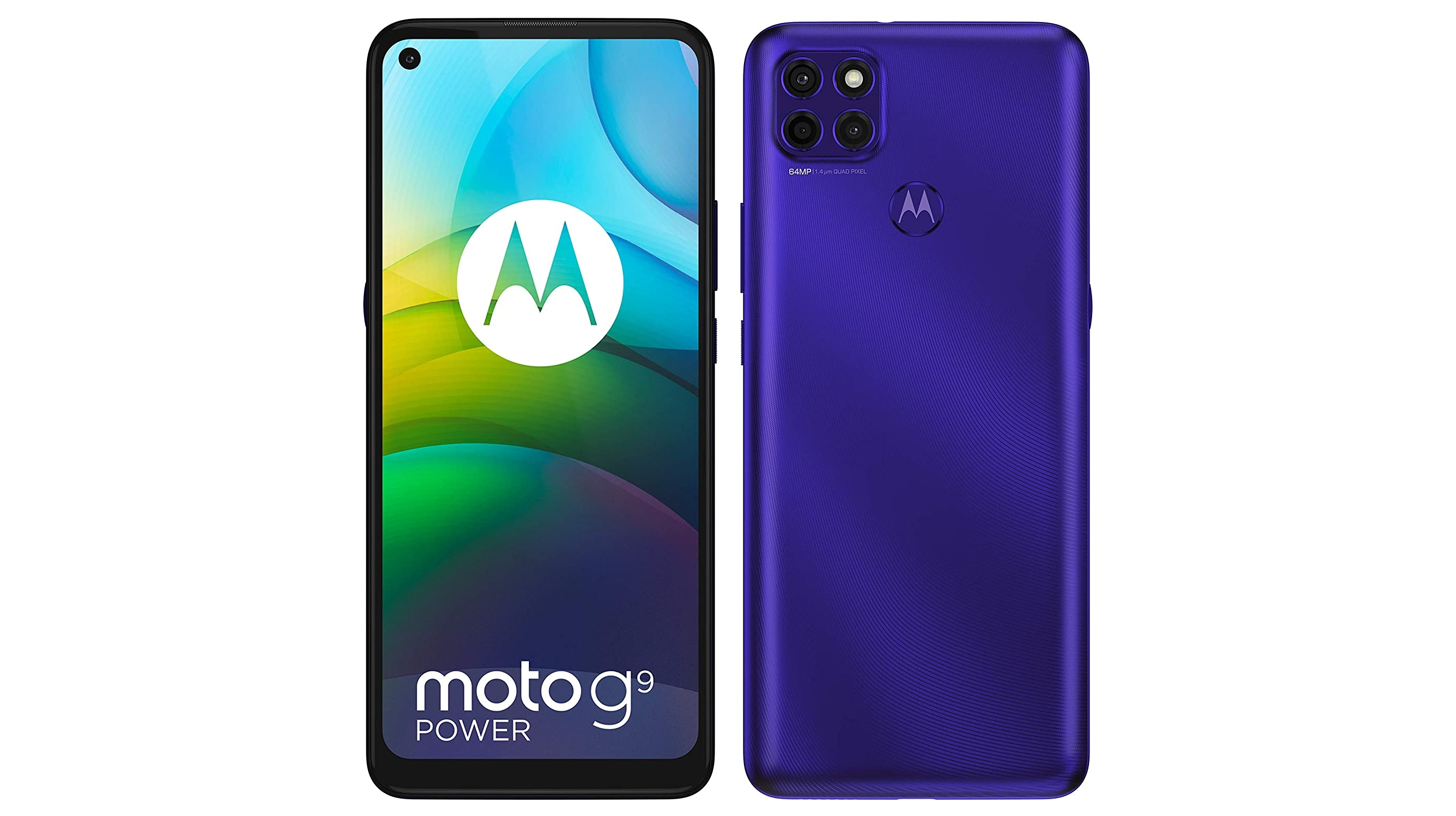 A Moto G9 Power against a white background