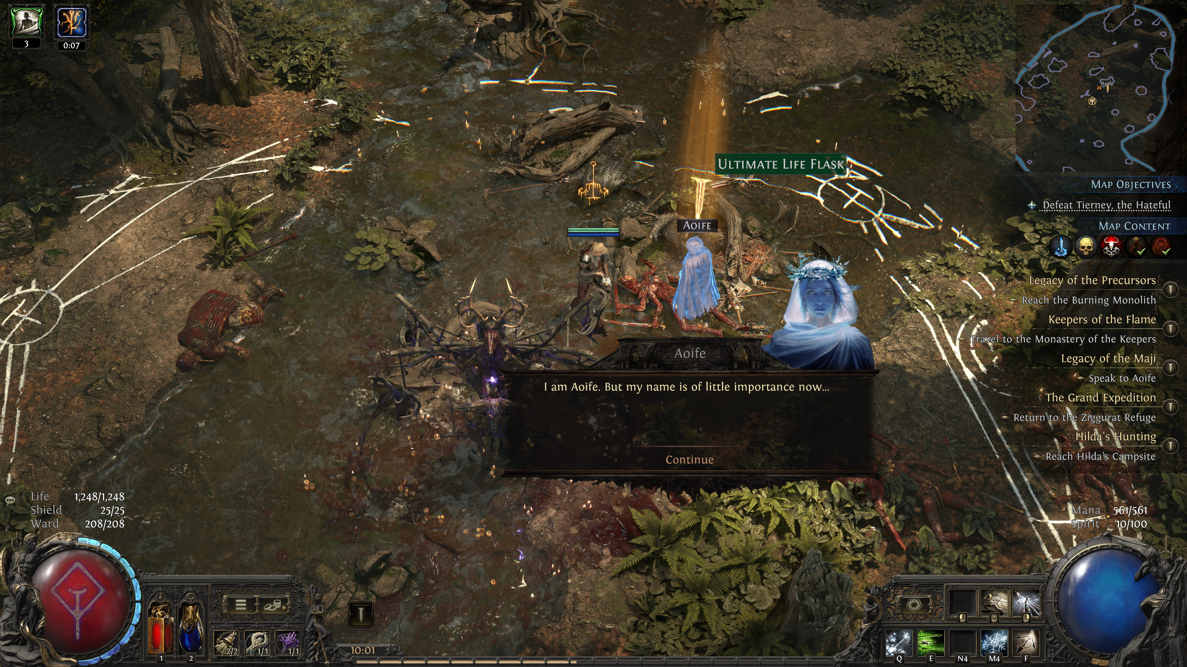 A Path of Exile 2 character speaking to a ghost woman named Aoife in a forest map.