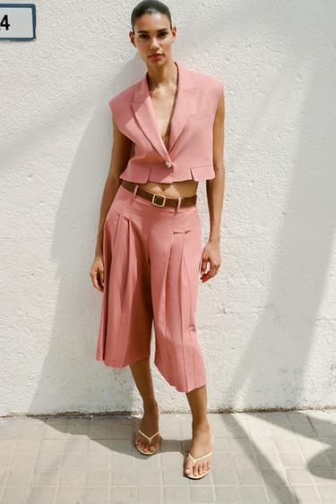 Long Bermuda Shorts With Belt in Linen Blend