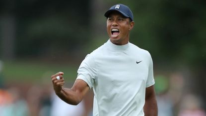 How many birdies has Tiger Woods? Here Tiger celebrates after making yet another birdie, this time on the 15th hole during the 2019 Masters GettyImages-1142313060