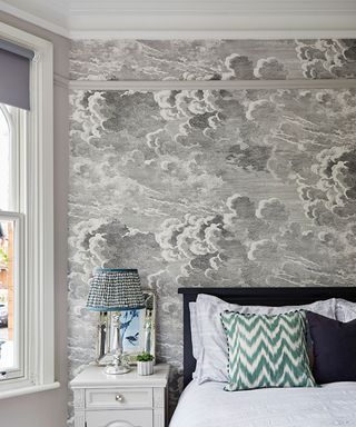 bedroom with hero wallpaper in grey