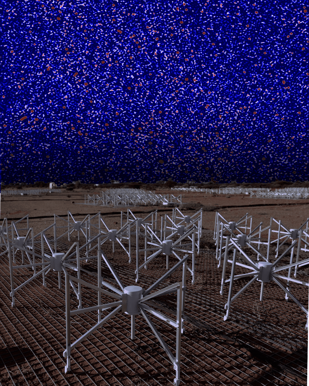 The radio sky image (background) represents the cleanest signal ever produced from data collected by the Murchison Widefield Array (foreground) in Western Australia.