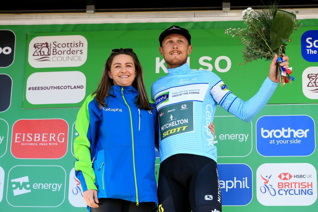 Matteo Trentin (Mitchelton Scott) on the podium at the Tour of Britain