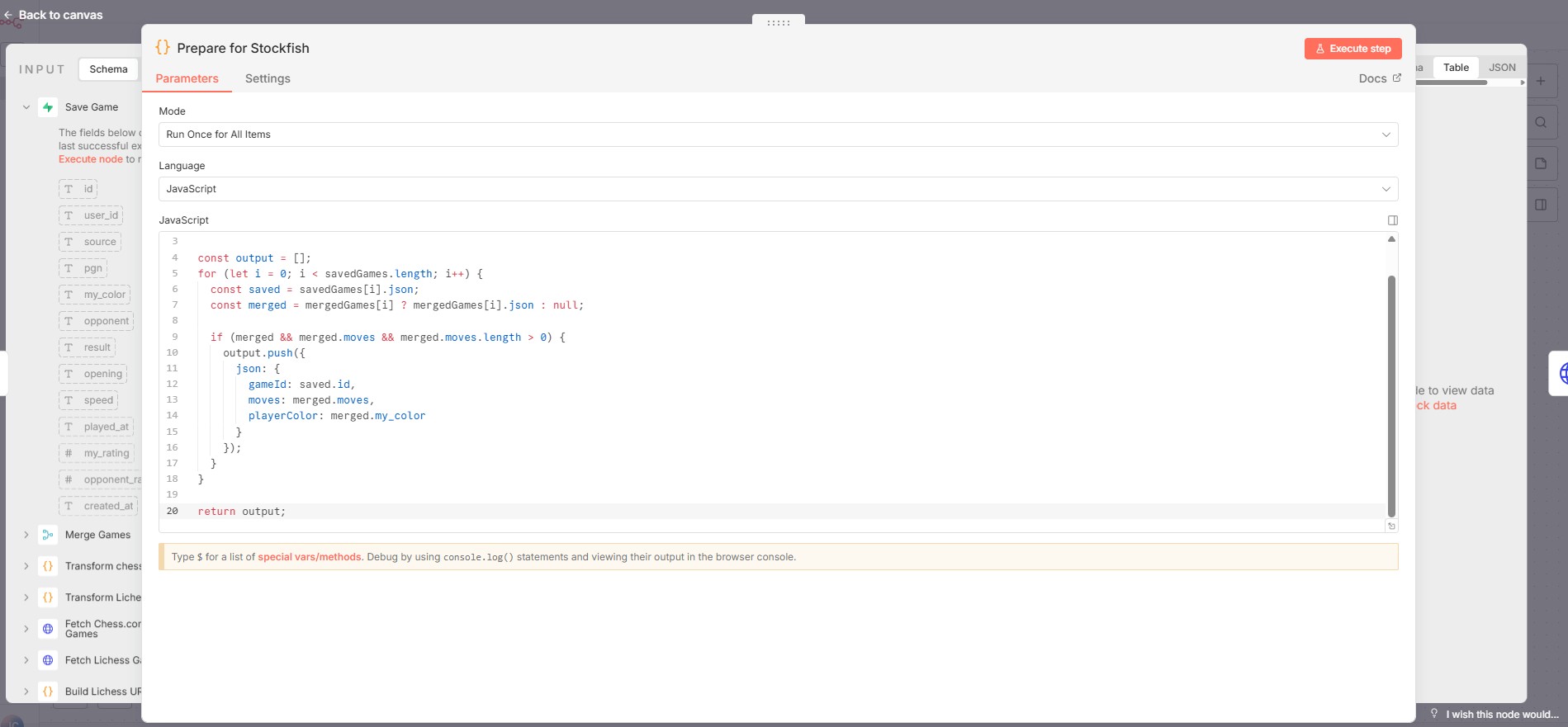 An image of code in an n8n node