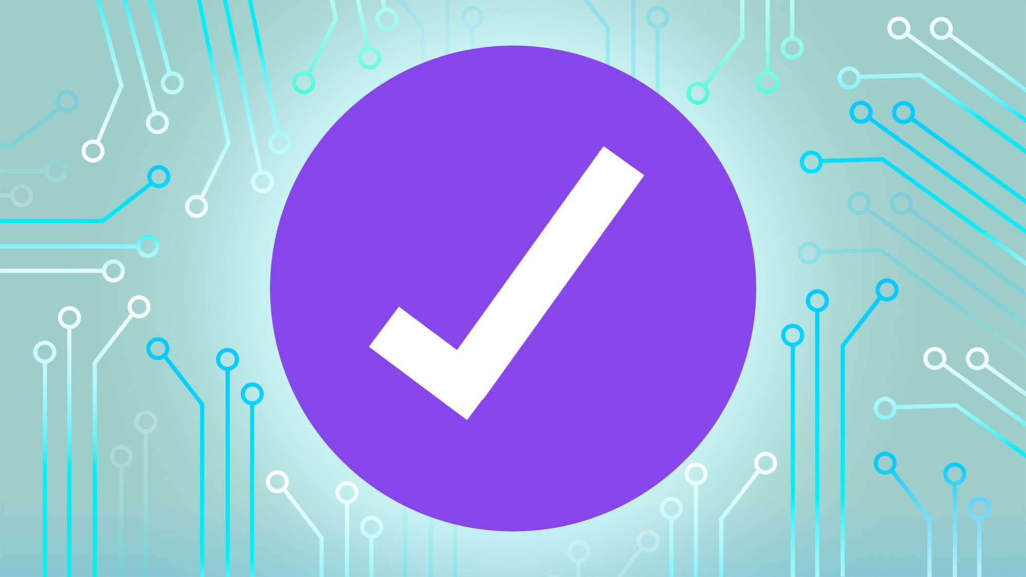 Purple tick roundel on top of circuitboard-style backdrop 