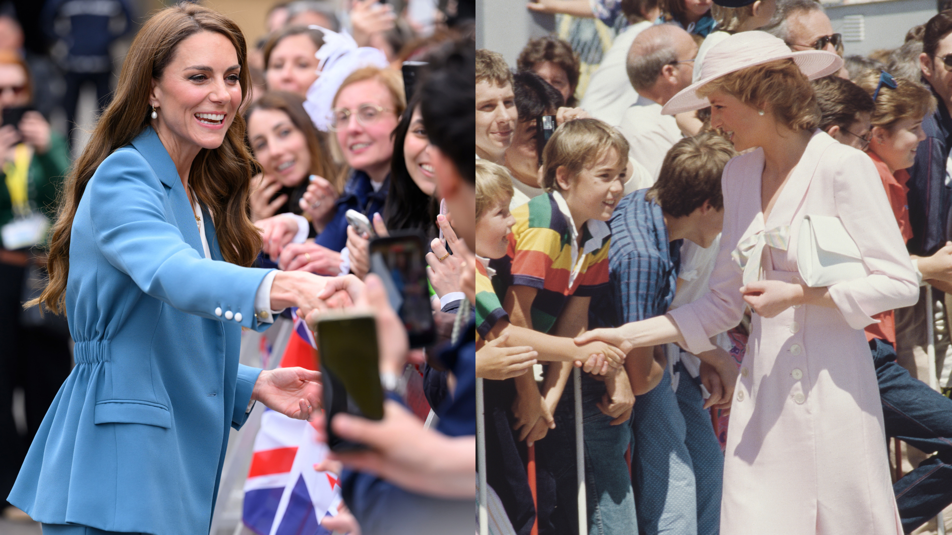 Princess Kate shaking hands with fans in Italy in a blue suit; Princess Diana wearing a pink dress meeting children in Australia 