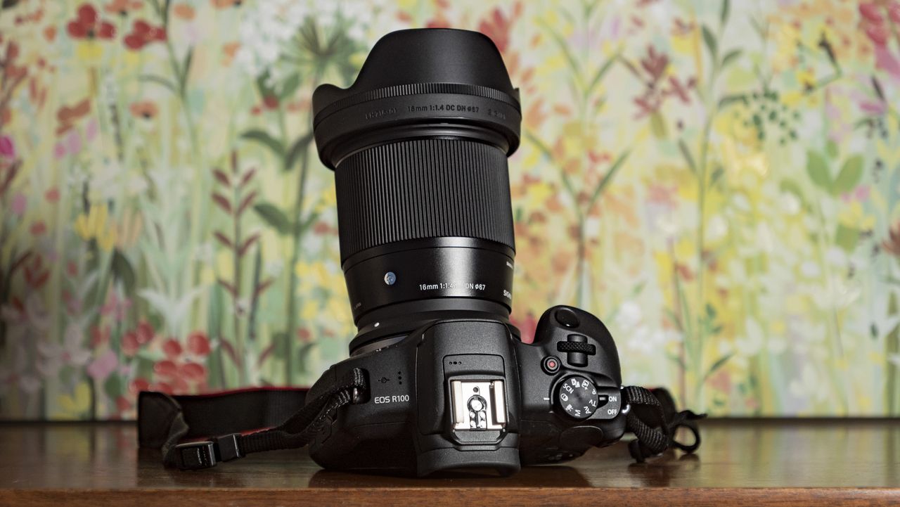 Sigma 16mm F1.4 DC DN Contemporary lens attached to a Canon EOS R100, on a wooden surface with floral backrop