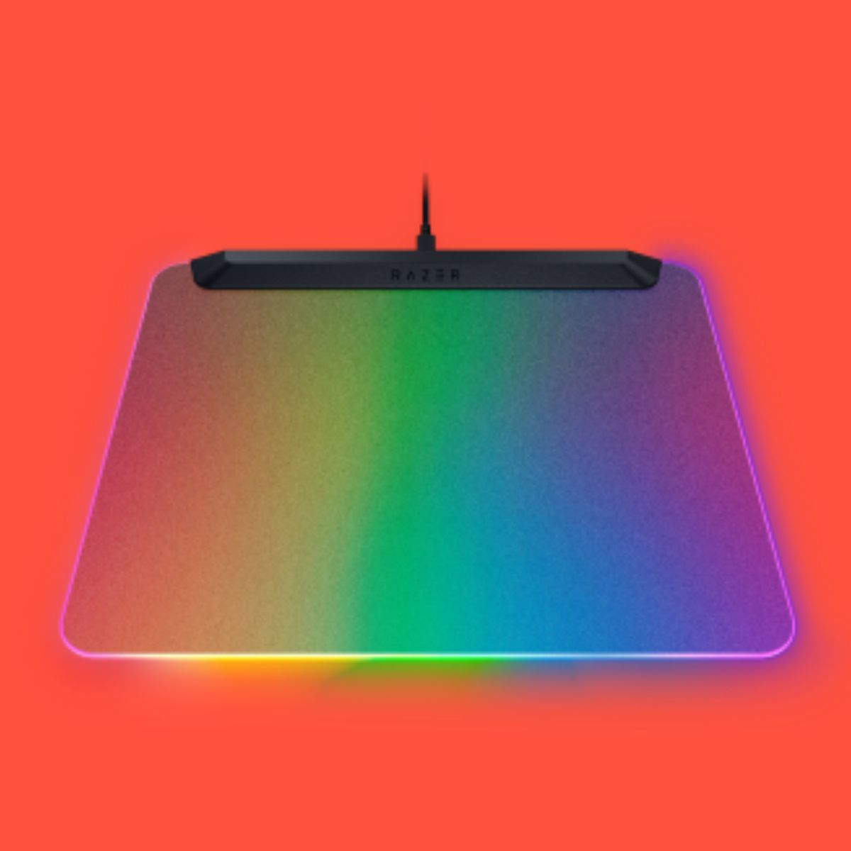 The Razer Firefly V2 Pro mousepad, showing an RGB spectrum on a red background