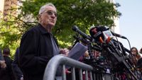 Robert De Niro speaks outside the trial of former President Donald Trump in New York. 