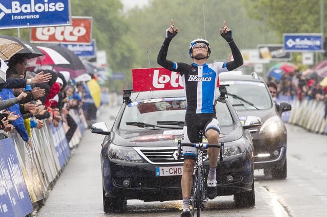 Luis Leon Sanchez (Blanco) celebrates his win on a rainy final Tour of Belgium stage