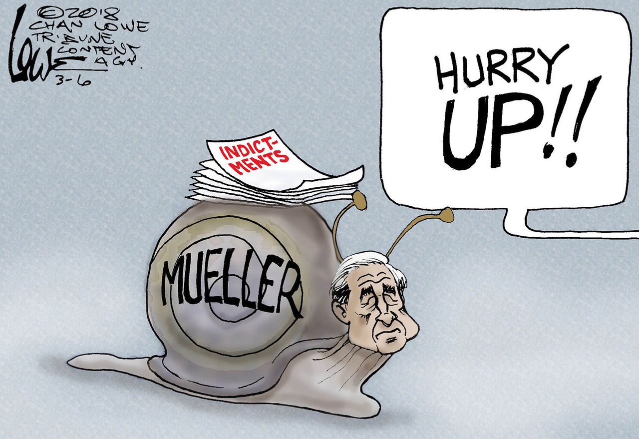 Political cartoon U.S. Russia investigation Mueller indictments