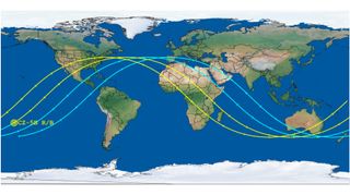 Map of possible trajectories for falling Chinese space junk showing a South Pacific impact