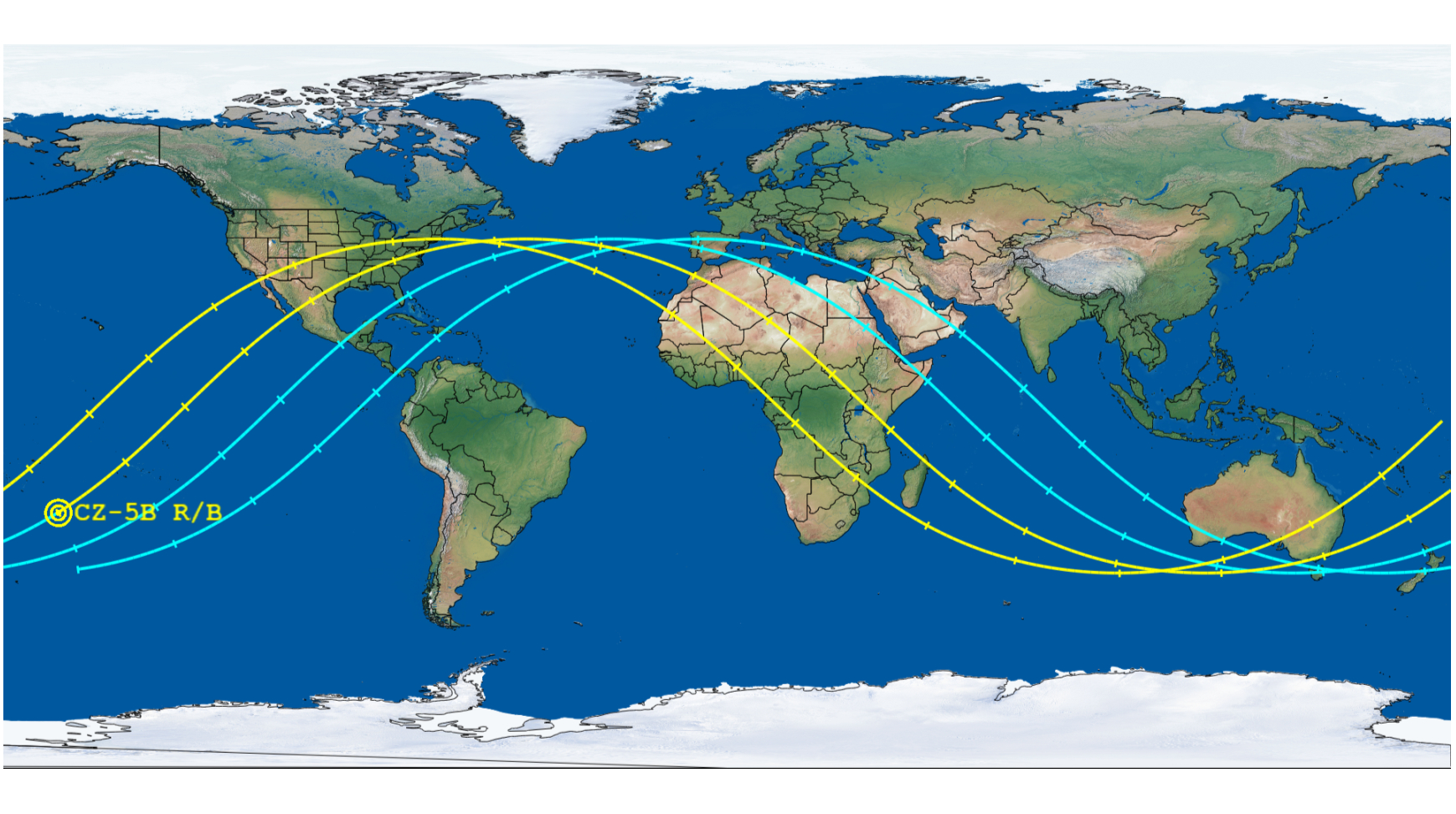 This map shows the possible areas where China's huge Long March 5B rocket debris could fall to Earth. The yellow icon is the midpoint of the reentry window.