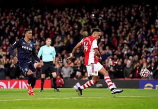 Pierre-Emerick Aubameyang scores Arsenal’s second goal after seeing his initial penalty saved